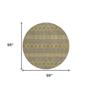 8' Gold Gray And Silver Round Floral Medallion Washable Indoor Outdoor Area Rug