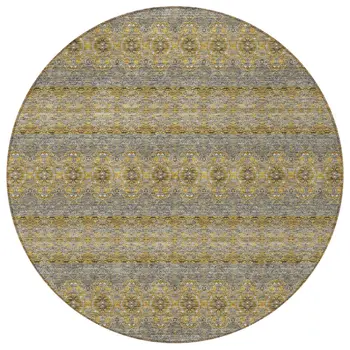 8' Gold Gray And Silver Round Floral Medallion Washable Indoor Outdoor Area Rug