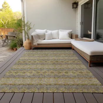 8' X 10' Gold Gray And Silver Floral Medallion Washable Indoor Outdoor Area Rug