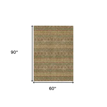 5' X 8' Artichoke Green And Olive Green Floral Medallion Washable Indoor Outdoor Area Rug