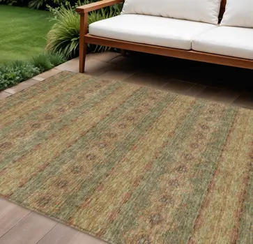 8' X 10' Artichoke Green And Olive Green Floral Medallion Washable Indoor Outdoor Area Rug