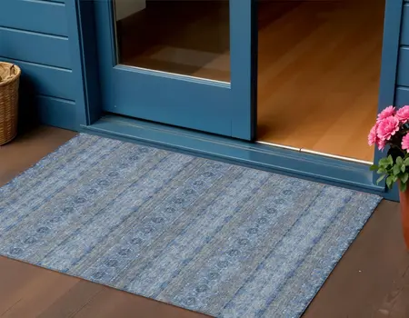3' X 5' Navy Blue And Sky Blue Floral Medallion Washable Indoor Outdoor Area Rug