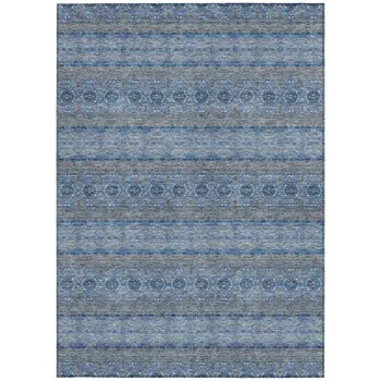 5' X 8' Navy Blue And Sky Blue Floral Medallion Washable Indoor Outdoor Area Rug