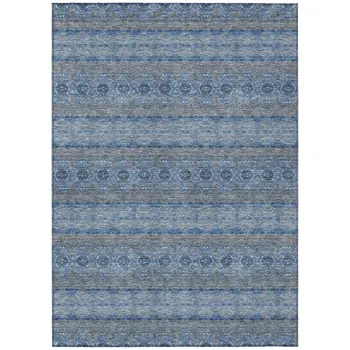5' X 8' Navy Blue And Sky Blue Floral Medallion Washable Indoor Outdoor Area Rug