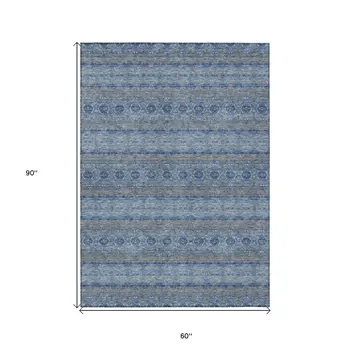 5' X 8' Navy Blue And Sky Blue Floral Medallion Washable Indoor Outdoor Area Rug