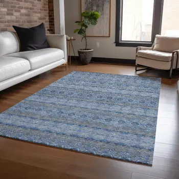 5' X 8' Navy Blue And Sky Blue Floral Medallion Washable Indoor Outdoor Area Rug