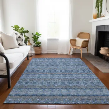 5' X 8' Navy Blue And Sky Blue Floral Medallion Washable Indoor Outdoor Area Rug
