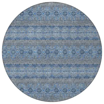 8' Navy Blue And Sky Blue Round Floral Medallion Washable Indoor Outdoor Area Rug