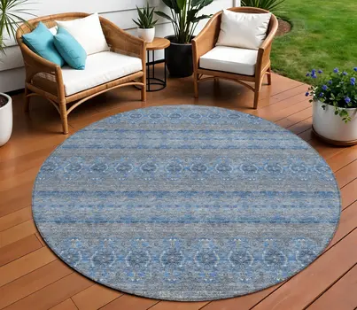 8' Navy Blue And Sky Blue Round Floral Medallion Washable Indoor Outdoor Area Rug