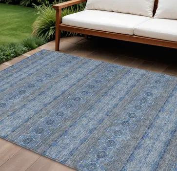 8' X 10' Navy Blue And Sky Blue Floral Medallion Washable Indoor Outdoor Area Rug