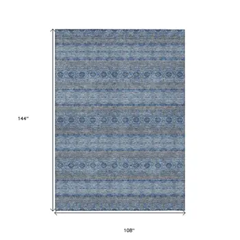 9' X 12' Navy Blue And Sky Blue Floral Medallion Washable Indoor Outdoor Area Rug