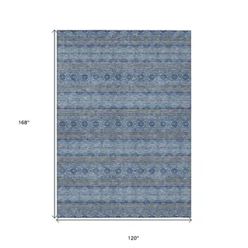 10' X 14' Navy Blue And Sky Blue Floral Medallion Washable Indoor Outdoor Area Rug