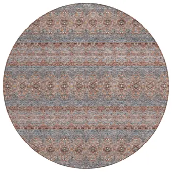 8' Orange Copper And Gray Round Floral Medallion Washable Indoor Outdoor Area Rug