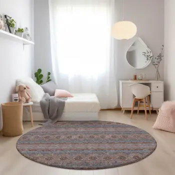 8' Orange Copper And Gray Round Floral Medallion Washable Indoor Outdoor Area Rug