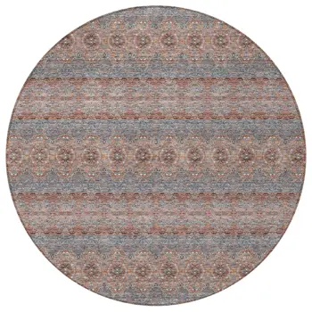 8' Orange Copper And Gray Round Floral Medallion Washable Indoor Outdoor Area Rug