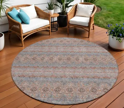 8' Orange Copper And Gray Round Floral Medallion Washable Indoor Outdoor Area Rug