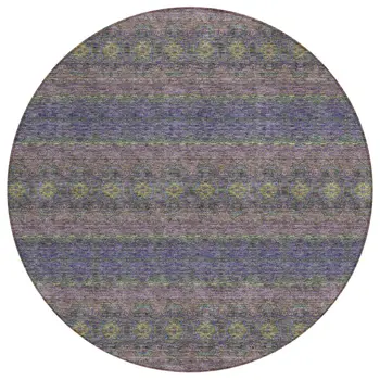 8' Purple Plum And Gold Round Floral Medallion Washable Indoor Outdoor Area Rug