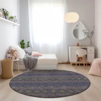 8' Purple Plum And Gold Round Floral Medallion Washable Indoor Outdoor Area Rug