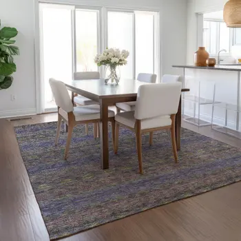 8' X 10' Purple Plum And Gold Floral Medallion Washable Indoor Outdoor Area Rug