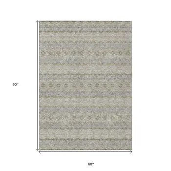 5' X 8' Silver Gray And Gold Floral Medallion Washable Indoor Outdoor Area Rug