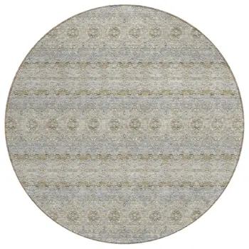8' Silver Gray And Gold Round Floral Medallion Washable Indoor Outdoor Area Rug