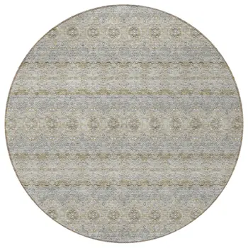 8' Silver Gray And Gold Round Floral Medallion Washable Indoor Outdoor Area Rug