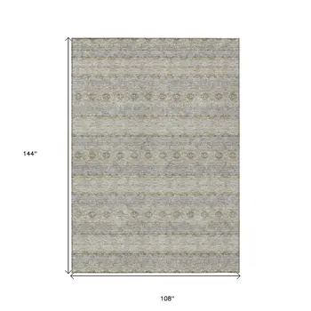 9' X 12' Silver Gray And Gold Floral Medallion Washable Indoor Outdoor Area Rug