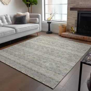 10' X 14' Silver Gray And Gold Floral Medallion Washable Indoor Outdoor Area Rug