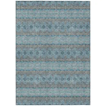 3' X 5' Teal Blue Aqua And Gray Floral Medallion Washable Indoor Outdoor Area Rug