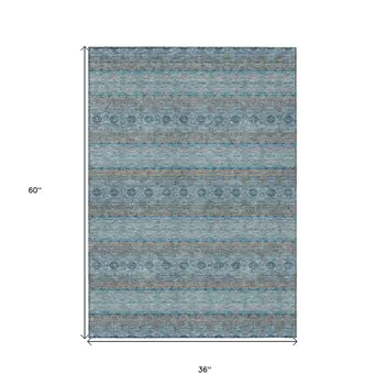 3' X 5' Teal Blue Aqua And Gray Floral Medallion Washable Indoor Outdoor Area Rug
