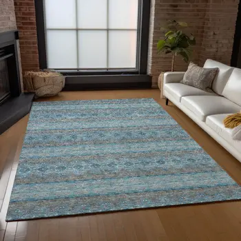 5' X 8' Teal Blue Aqua And Gray Floral Medallion Washable Indoor Outdoor Area Rug