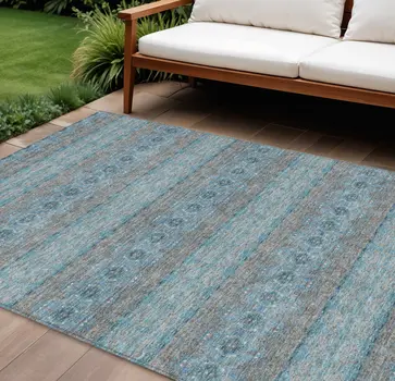 8' X 10' Teal Blue Aqua And Gray Floral Medallion Washable Indoor Outdoor Area Rug