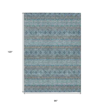 8' X 10' Teal Blue Aqua And Gray Floral Medallion Washable Indoor Outdoor Area Rug