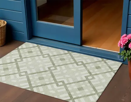 3' X 5' Artichoke Green And Olive Green Geometric Washable Indoor Outdoor Area Rug