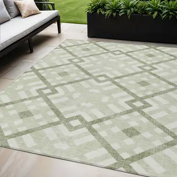 5' X 8' Artichoke Green And Olive Green Geometric Washable Indoor Outdoor Area Rug