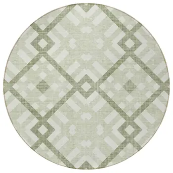 8' Artichoke Green And Olive Green Round Geometric Washable Indoor Outdoor Area Rug