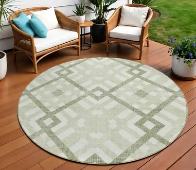8' Artichoke Green And Olive Green Round Geometric Washable Indoor Outdoor Area Rug