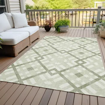 9' X 12' Artichoke Green And Olive Green Geometric Washable Indoor Outdoor Area Rug