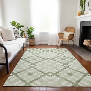 9' X 12' Artichoke Green And Olive Green Geometric Washable Indoor Outdoor Area Rug