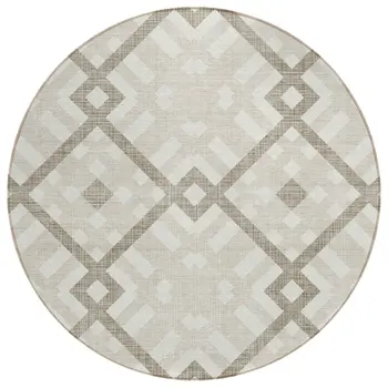 8' Beige Tan And Ivory Round Geometric Washable Indoor Outdoor Area Rug
