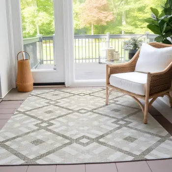 8' X 10' Beige Tan And Ivory Geometric Washable Indoor Outdoor Area Rug