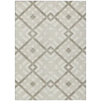 9' X 12' Beige Tan And Ivory Geometric Washable Indoor Outdoor Area Rug