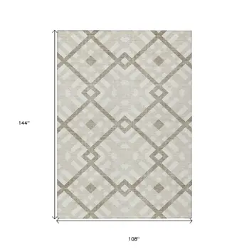 9' X 12' Beige Tan And Ivory Geometric Washable Indoor Outdoor Area Rug