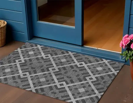 3' X 5' Charcoal Gray And Silver Geometric Washable Indoor Outdoor Area Rug