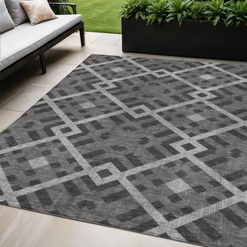 5' X 8' Charcoal Gray And Silver Geometric Washable Indoor Outdoor Area Rug