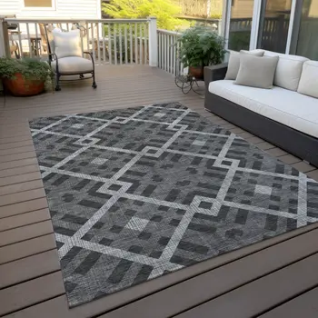 5' X 8' Charcoal Gray And Silver Geometric Washable Indoor Outdoor Area Rug