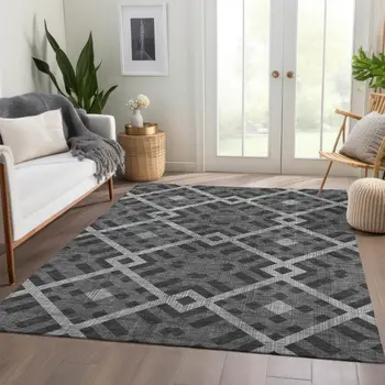 5' X 8' Charcoal Gray And Silver Geometric Washable Indoor Outdoor Area Rug
