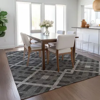 5' X 8' Charcoal Gray And Silver Geometric Washable Indoor Outdoor Area Rug