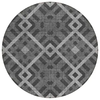 8' Charcoal Gray And Silver Round Geometric Washable Indoor Outdoor Area Rug