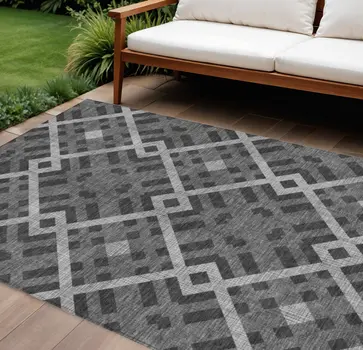 9' X 12' Charcoal Gray And Silver Geometric Washable Indoor Outdoor Area Rug